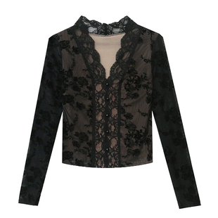 加绒加厚打底衫女长袖秋冬性感V领植绒印花上衣内搭蕾丝t恤小衫潮