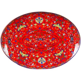 景德镇珐琅彩盘子菜盘家用陶瓷深盘平盘中式瓷盘红色餐具果盘碟子