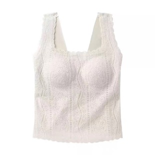 法式秋冬蕾丝方领磨毛保暖吊带背心女带胸垫亲肤修身美背打底上衣