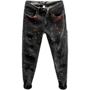 三古木棉高街乞丐破洞牛仔裤男春秋潮牌个性补丁裤子男修身小脚