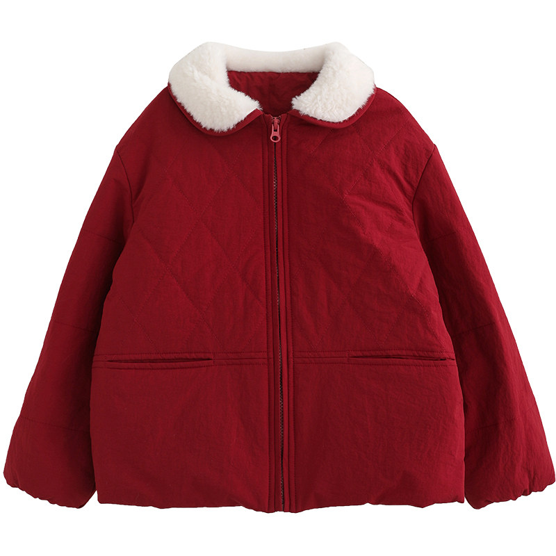 NNGZ设计师女童羊羔毛领新雪丽红色棉服外套冬季保暖儿童年服棉衣