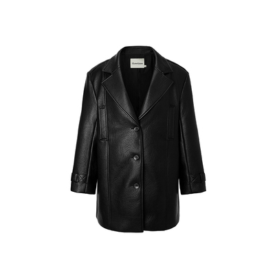 threetimes2026春季中长款PU皮衣夹克外套韩版时尚男女同款高级感