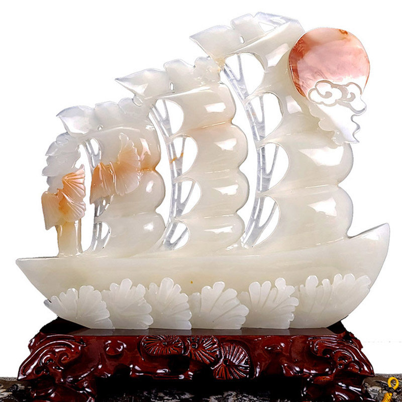 天然玉石一帆风顺帆船摆件白菜百财办公室酒柜摆设玄关乔迁开业送