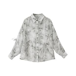 PIT复古水墨画长袖印花衬衫女夏季新款两件套上衣短裤时尚套装