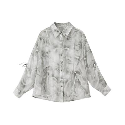 PIT复古水墨画长袖印花衬衫女夏季新款两件套上衣短裤时尚套装