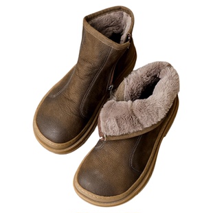 脱毒家 牛皮手工女鞋森系女靴侧拉链真皮复古短靴加绒保暖棉靴女