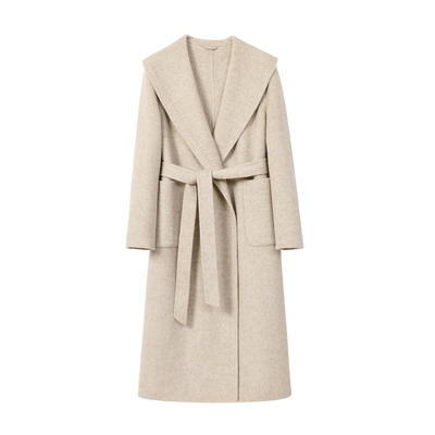 蓝语简约大翻领收腰羊绒呢大衣