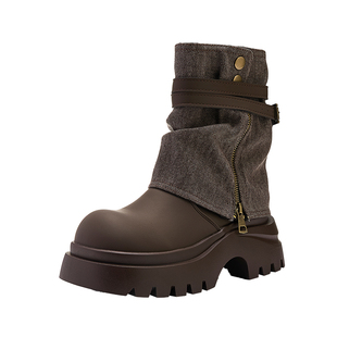 Semir女鞋短靴女2026秋冬新款厚底高跟时装靴美拉德粗跟棕色靴子