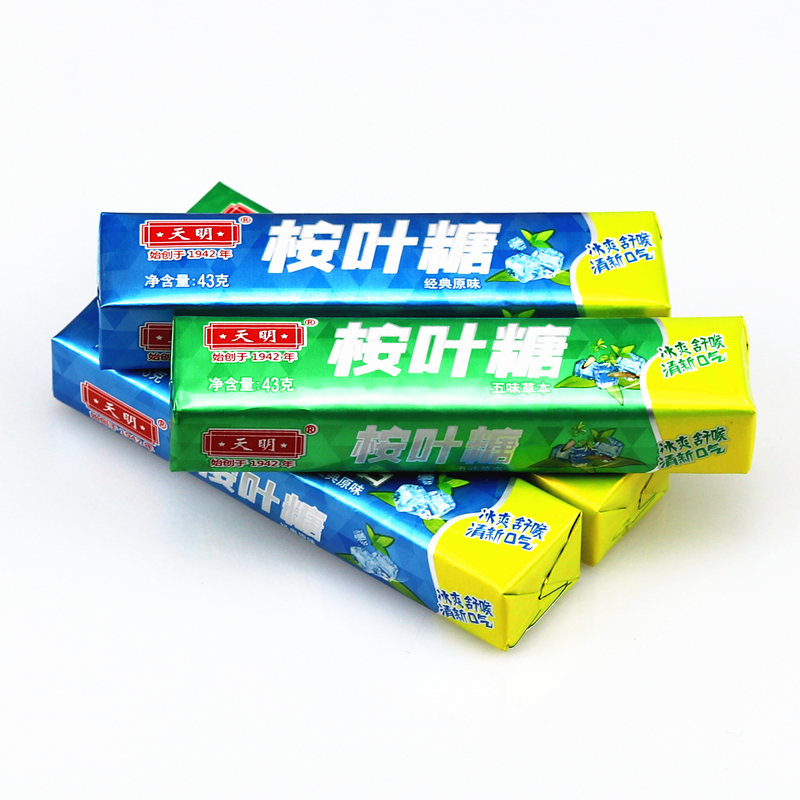 上海天明桉叶糖43g老式原味薄荷糖清凉嗓子五味草本润喉咸柠糖果