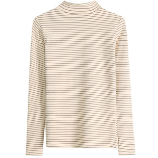 纯棉条纹修身半高领打底衫女长袖T恤加厚保暖洋气中领内搭上衣冬