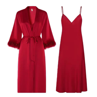 法式真丝睡裙睡衣红色新婚睡袍性感高端轻奢羽毛晨袍两件套礼盒装