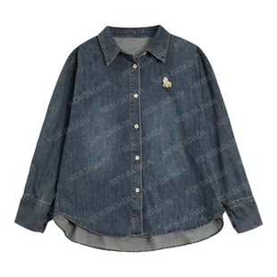 利达NEW DADADA【慧心暗流】复古做旧牛仔衬衫女长袖丝巾绑带上衣