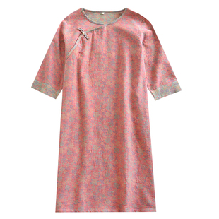 新中式色织纯棉睡裙女春夏季薄款纱布提花连衣裙五分袖家居服复古