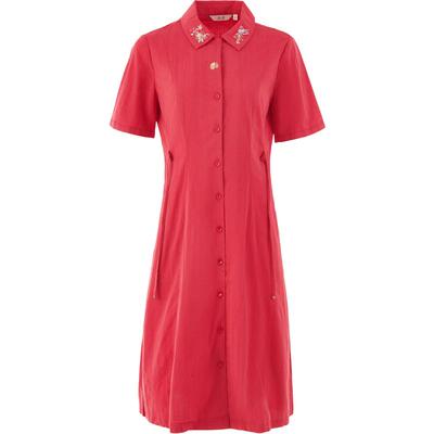 渔牌女装连衣裙2024新款女春夏纯棉弹力刺绣花短袖长裙子FGGB0006