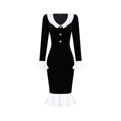 XULU原创赫本千金风复古丝绒黑色荷叶边V领显瘦中长款鱼尾连衣裙