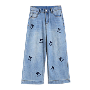 长美人蝴蝶刺绣印花窄版阔腿牛仔裤女2026新款夏季薄款小个子直筒