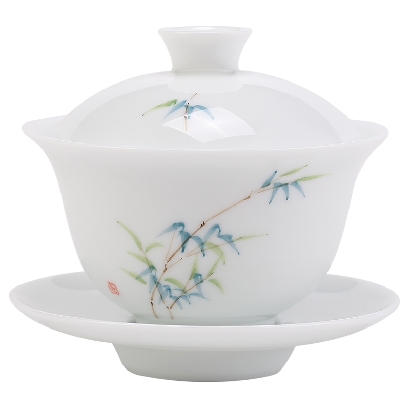 手繪白瓷蓋碗單個陶瓷泡茶碗三才茶杯景德鎮(zhèn)茶具高檔茶蓋碗三件套
