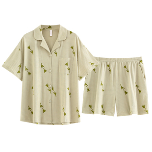 女士睡衣夏季夏天纯棉薄款宽松短袖短裤甜美开衫带胸垫家居服套装