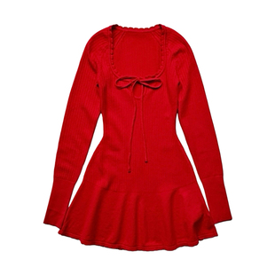 【现货】Jennie金智妮同款蝴蝶结系带针织长袖修身红色连衣裙女