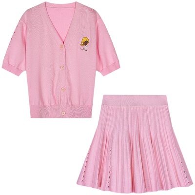 落落狷介粉色两件套针织套装裙