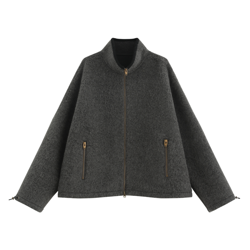 【岁亦】高奢苏丽羊驼羊毛双面呢蓬松立领拉链毛呢夹克外套-7218