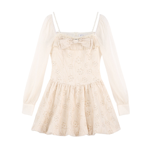 小香风提花方领连衣裙女春季新款甜美蝴蝶结蓬蓬公主裙法式a字裙