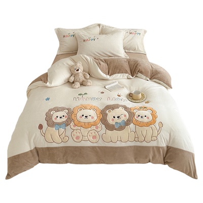 加厚保暖牛奶绒三四件套卡通刺绣