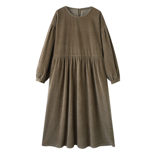复述秋冬质感灯芯绒文艺甜美泡泡袖连衣裙新品卡其宽松长袖裙