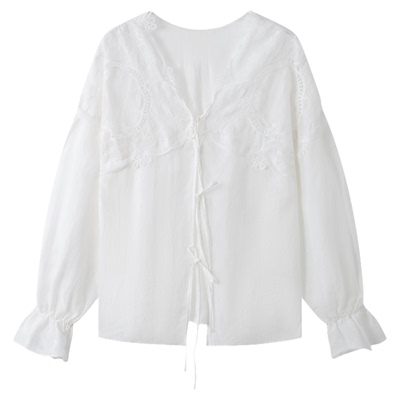 RUISHI芮时“莫瑞花园”100苎麻木耳边长袖绑带上衣女春夏