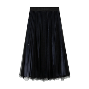 白鹿语时尚细闪百褶裙秋款复古气质网纱裙A字大裙摆半身裙女