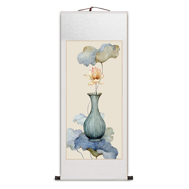 禅意荷花卷轴挂画客厅玄关装饰画