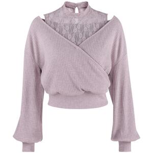 韩语琳粉色针织衫女2025新款春秋款设计感短款长袖拼接蕾丝上衣