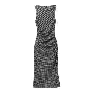 现货 定制蛀虫纱不对称剪裁捏褶一字领棋盘格连衣裙