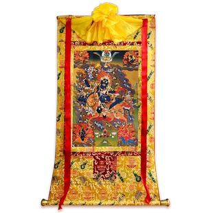 西藏镀金烫金唐卡 吉祥天母唐卡玄关挂画装裱三色装裱布精美唐卡