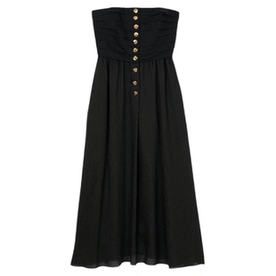 SANDRO2025春夏女装法式优雅A字裙摆亮色扣饰黑色抹胸长款连衣裙
