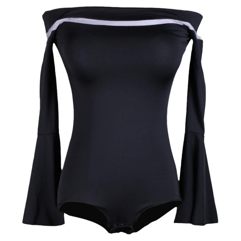 拉丁舞服装一字领喇叭袖成人上衣摩登舞女舞蹈练功服恰恰黑色拼接