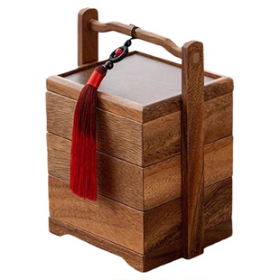 胡桃木手提食盒多层新中式带盖果盘客厅家用点心盘收纳盒乔迁礼物