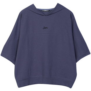 春秋连帽带帽五分袖t恤女中袖上衣棉宽松中年妈妈卫衣短款遮肚子