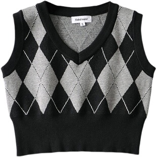 BM MICN~学院风菱格撞色针织衫背心女内搭外穿修身V领毛衣马甲潮