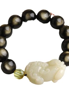 吉像男女和田玉黑金曜石貔貅手串