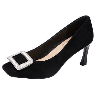 百田森水钻方扣单鞋女2026新款黑色高跟鞋轻奢高级感鞋子配裙子