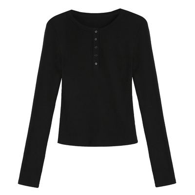 MULVAN 奶油可可 白色半开圆领针织t恤长袖修身内搭针织衫上衣女