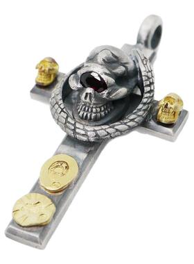 骷髅纯银高山隆红宝石十字架吊坠