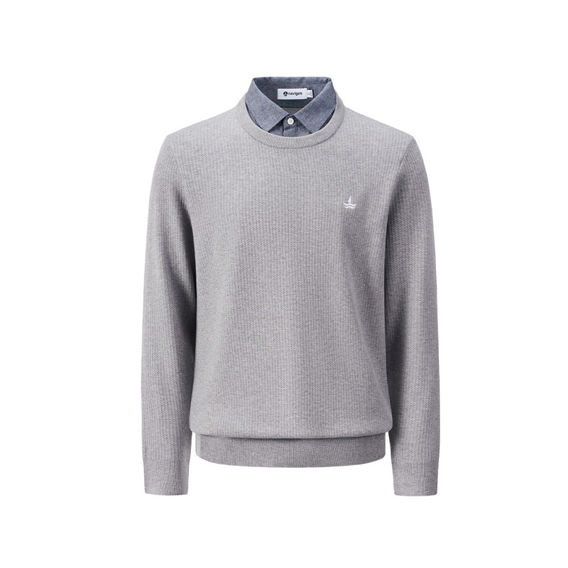 Navigare意大利小帆船假两件套头毛衣男冬季新款休闲打底针织衫