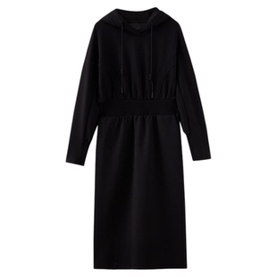 水云间黑色连帽卫衣连衣裙女中长款收腰裙子户外运动风2025秋冬款