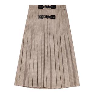 季末7折Maje2025秋冬款女装法式复古棕色搭扣格纹百褶长款半身裙