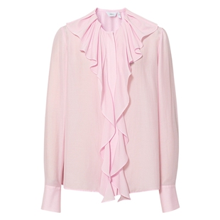 伊芙丽百搭荷叶领定染粉色透感飘逸衬衫2025春季新款设计感小上衣
