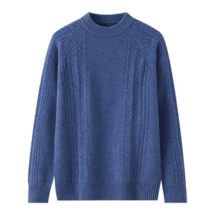 加厚100%纯羊毛衫半高领男士毛衣秋冬提花休闲宽松套头针织打底衫