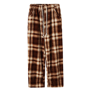 法兰绒睡裤加厚加绒长裤珊瑚绒冬季男女款大码直筒格子保暖家居裤