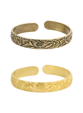 国潮古风莲花手镯纯黄铜镯子情侣